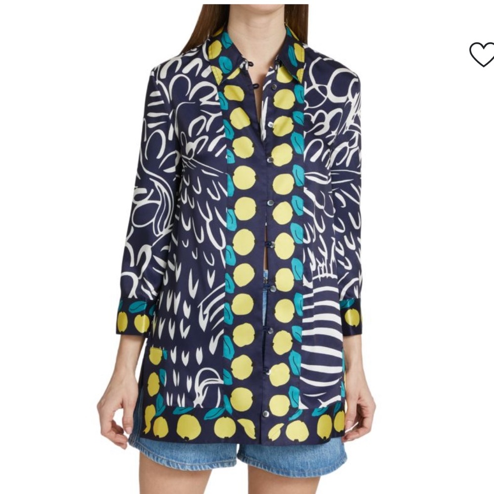 STAUD Blue and White Blouse with Yellow lemon Accents small